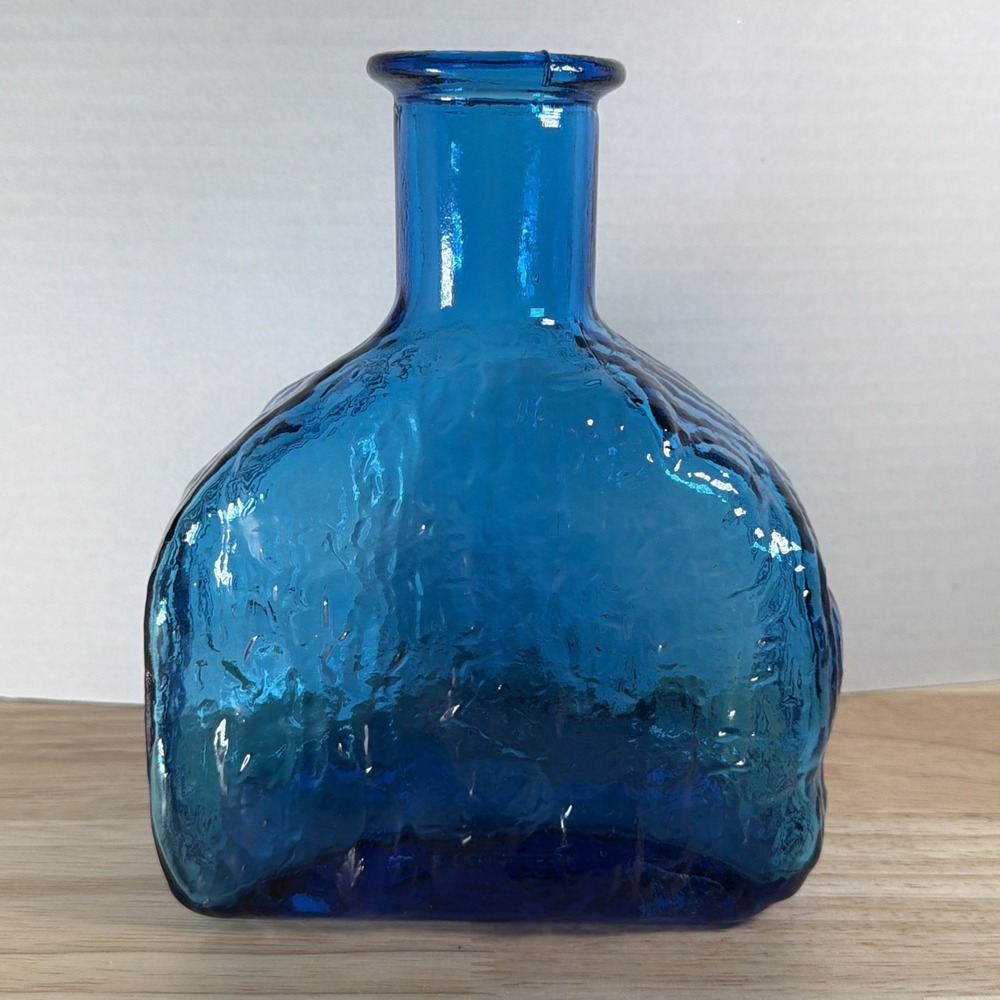 Vintage Reijmyre Swedish Blue Art Glass Carafe Textured Bumpy Bottle 7.5" Tall
